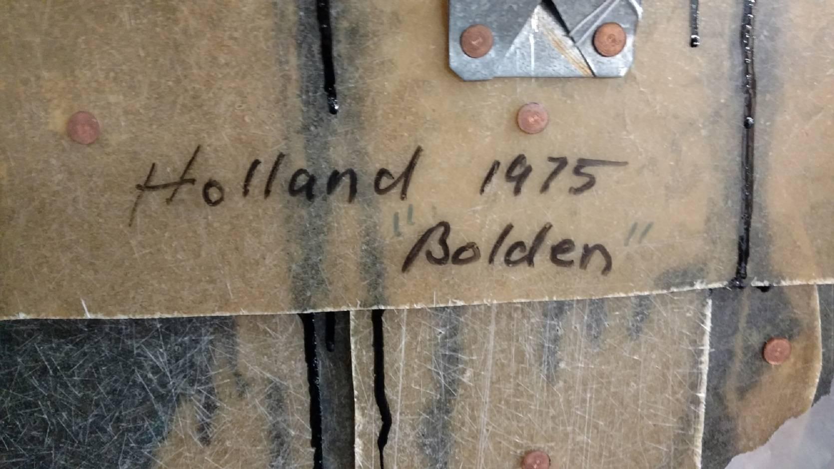 BOLDEN, 1973 Very Large Constructed Mixed Media Painting, Wall Sculpture - Gray Abstract Painting by Tom Holland