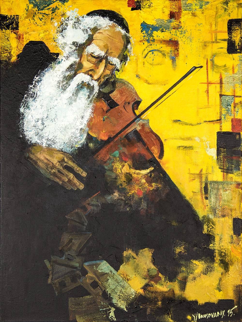 Post Soviet Avant Garde Judaica Rabbi Playing Violin (the Klezmer Fiddler) - Painting by Yuri Brusovany