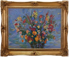 Large Vibrant Oil Painting Colorful Vase of Flowers Israeli Artist Isaac Maimon