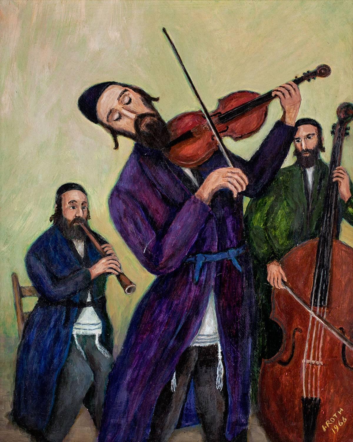 Folk Art Naive Judaica Klezmer Hasidic Musicians - Painting by Unknown