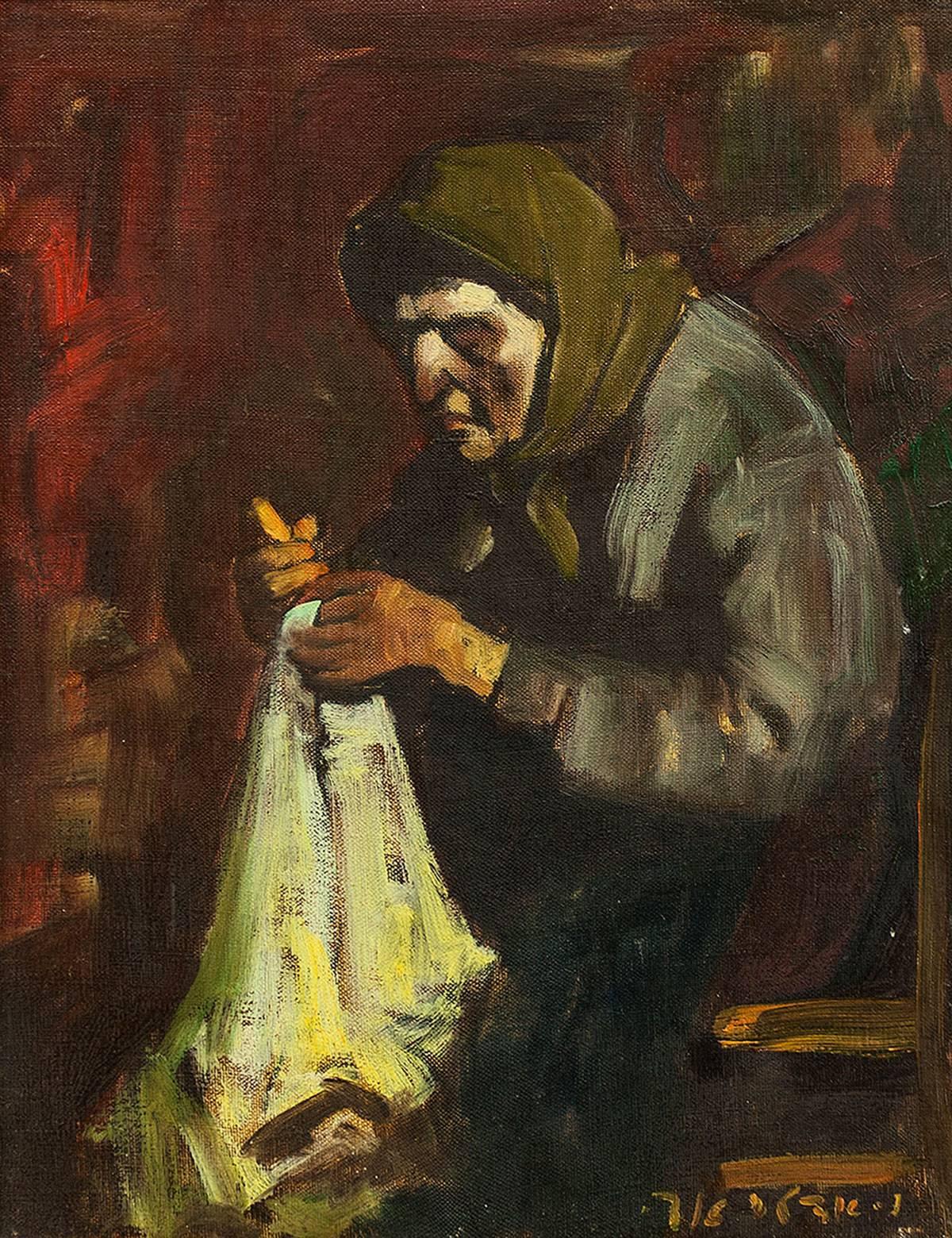 Bubbe Embroidering, Expressionist Oil Painting - Brown Figurative Painting by Adolf Adler