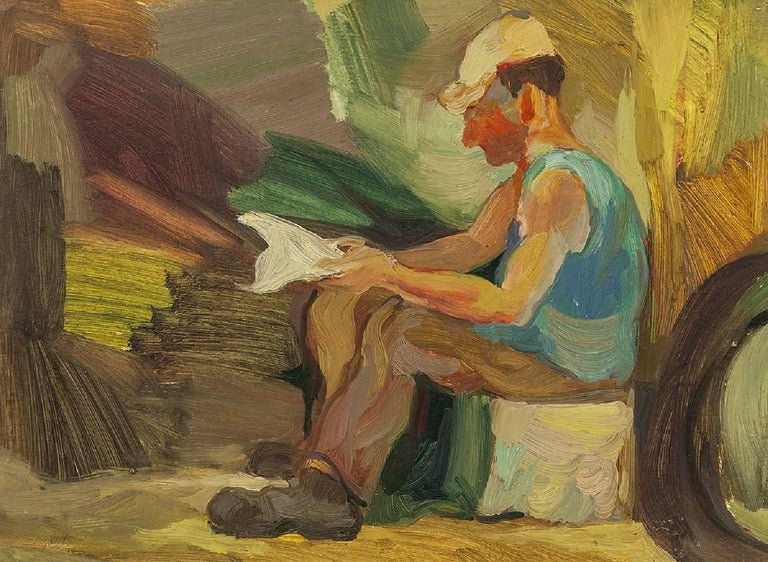 Vintage 1950s Israeli Oil Painting, Signed in Hebrew  Kibbutz Worker Reading - Beige Figurative Painting by Unknown