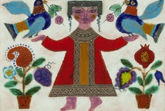 Glazed Israeli Folk Art Naive Tile Figure with Flowers and Birds