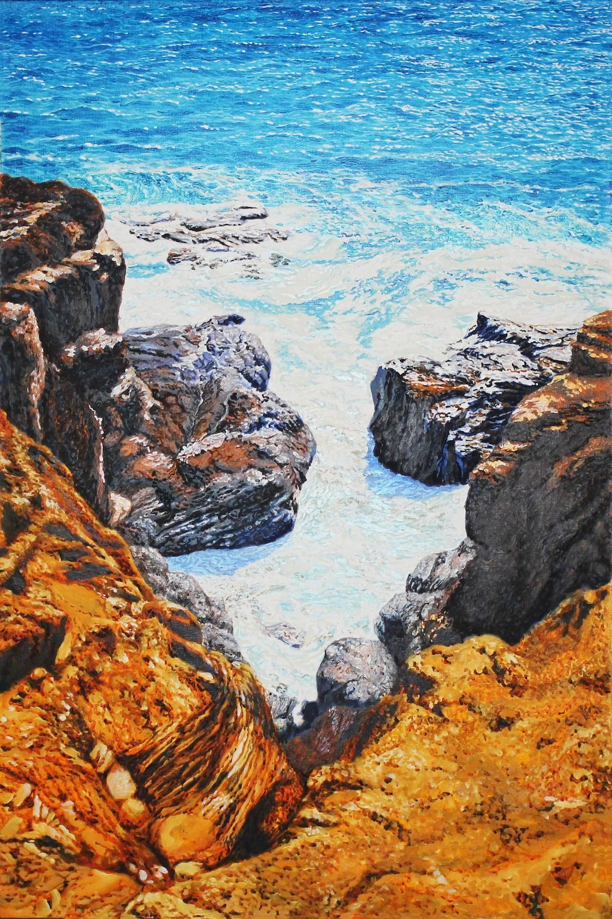 St. Barth, Beach Seascape with Boulders - Painting by Fabio Aguzzi