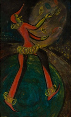 Circus Universal, Large Modernist Oil Painting with Clown Harlequin