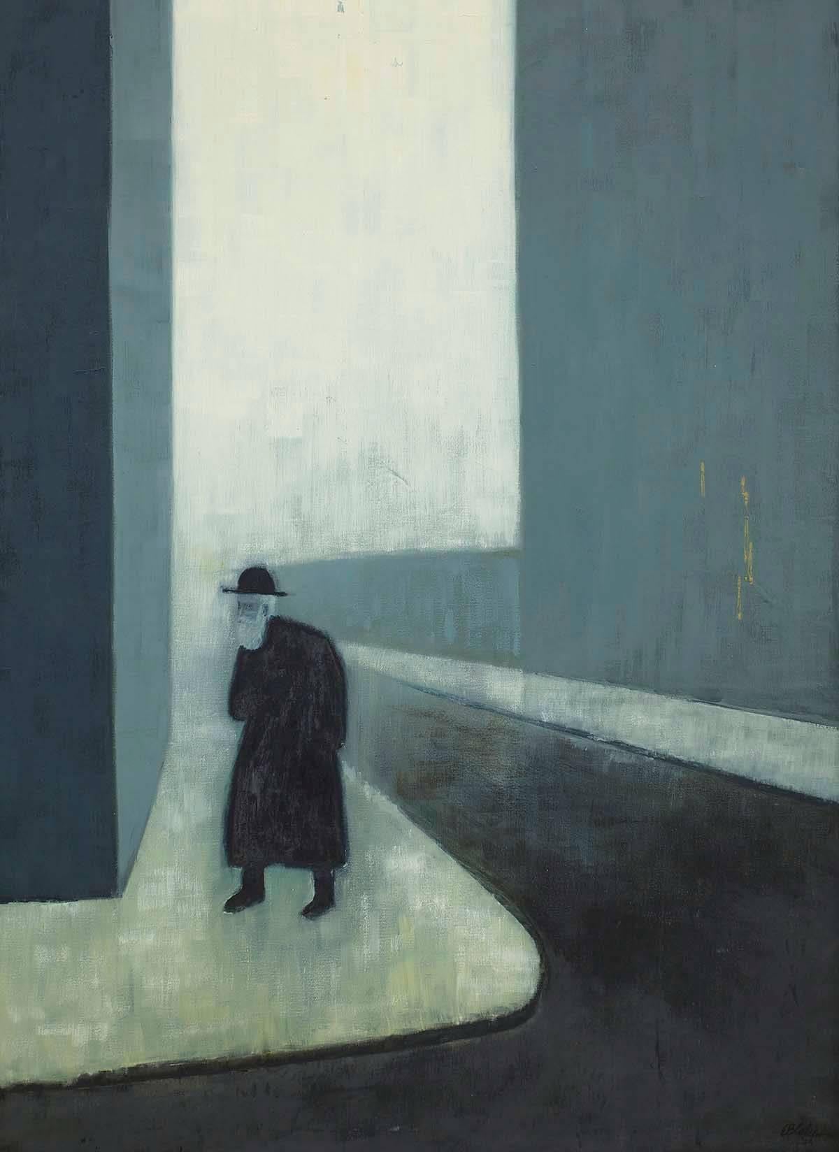 LARGE MODERNIST JUDAICA Oil Painting (RABBI WALKING THROUGH THE CITY) - Gray Figurative Painting by Unknown