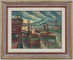 Peinture à l'huile - Scène de ville autour de la rivière Est, pont de New York, époque WPA, années 1940