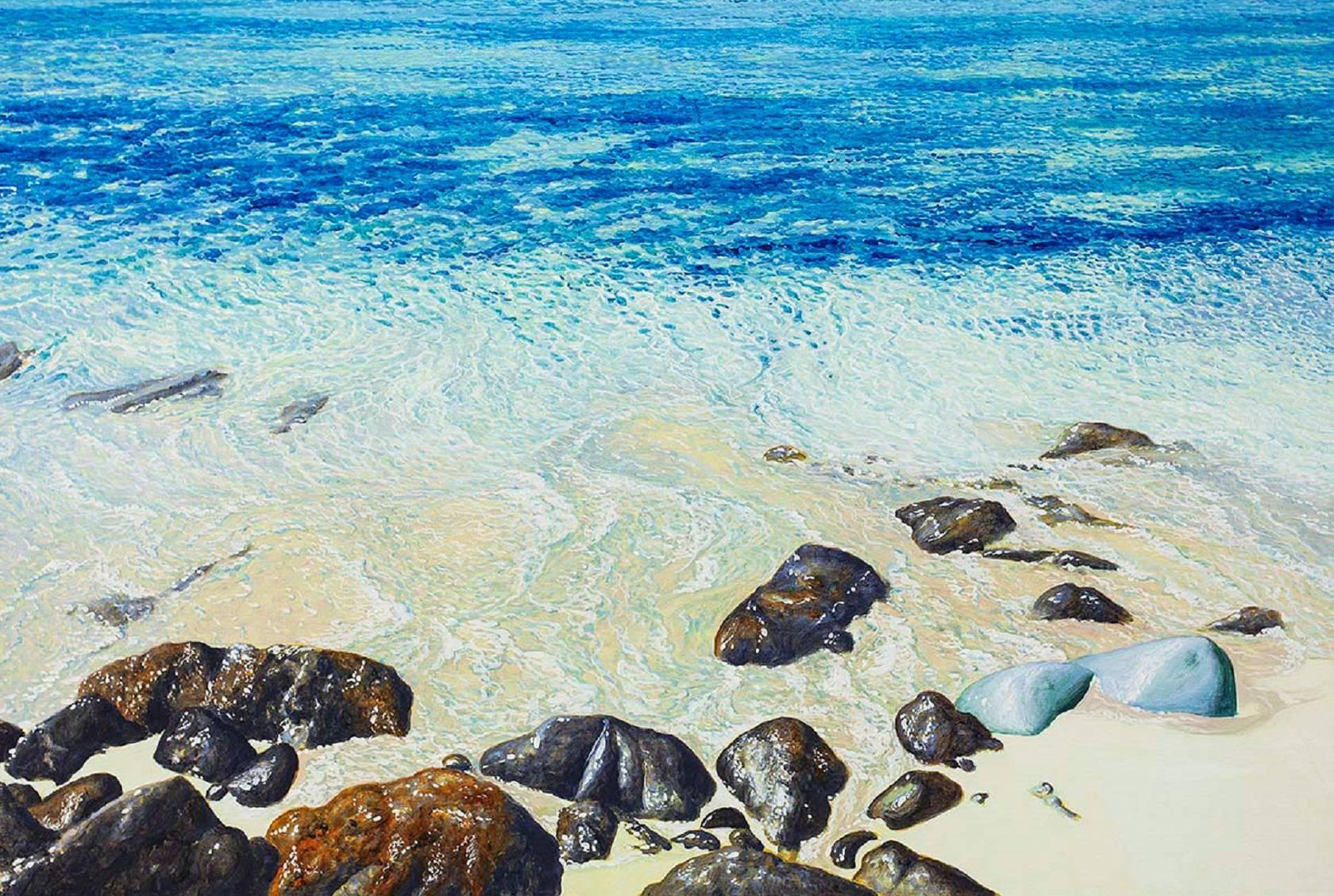 ST BARTH Vivid Realistic Beach Scene with Rocks and Waves - Painting by Fabio Aguzzi