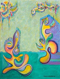 Surrealist Armenian American Artist Stephen Sacklarian Biomorphic Oil Painting