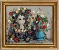 Large Italian Surrealist Oil Painting Jean Calogero Pomone Vase of Flowers