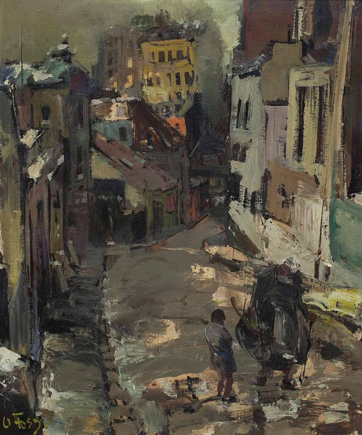 Expressionist Paris Street Scene Architectural Visionism - Brown Landscape Painting by Oliver Foss