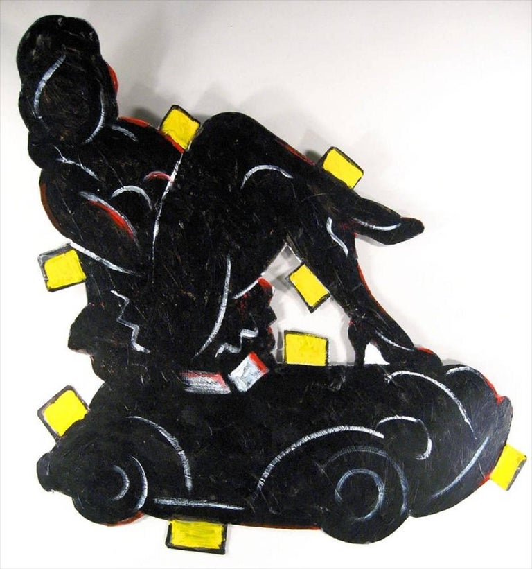 Seymour Chwast Figurative Sculpture - Girl on a Buick Painting on Metal Cut Out Sculpture Wall Hanging