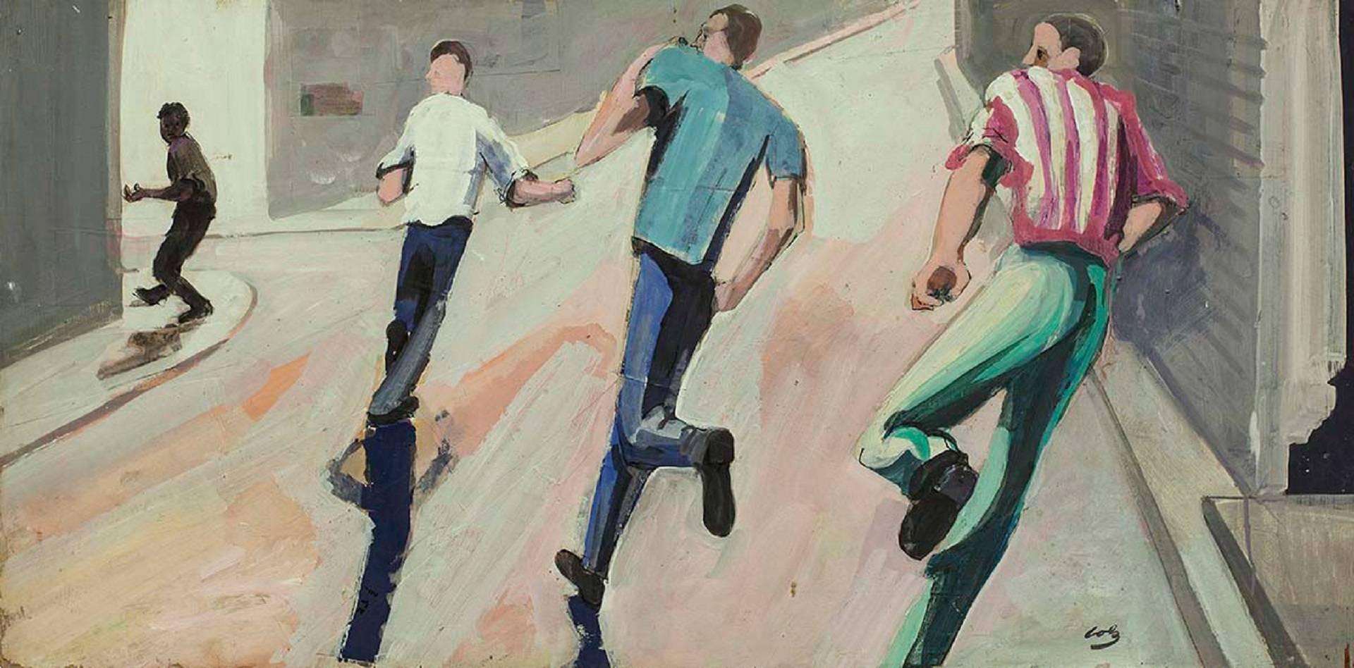 Herman Roderick Volz Figurative Painting - 'Giving Chase' California Modernist Oil Painting