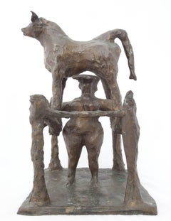 Rare Large Modern Bronze Sculpture Woman with Bull