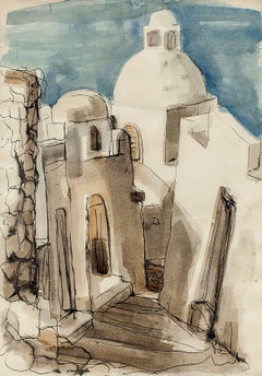 Aquarelle abstraite moderniste de la femme artiste de la WPA « Santorini Street » représentant des maisons