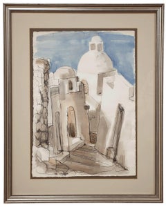 WPA Woman Artist "Santorini Street" Modernist Abstract Watercolor of Houses