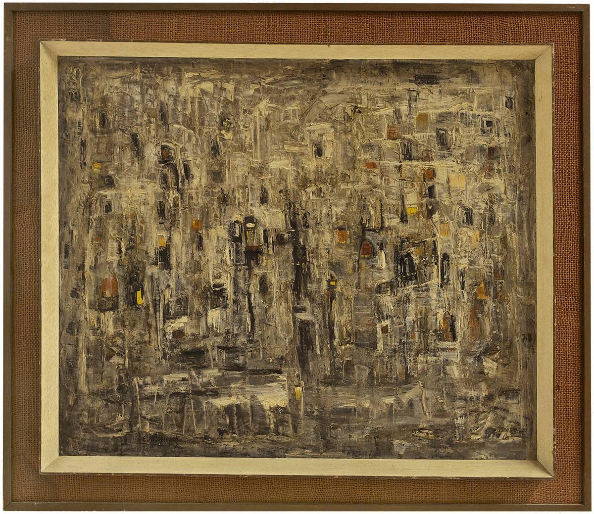 Raffi Kaiser Landscape Painting - Israeli Modernist Abstract Expressionist "Winter" Cityscape Oil Painting