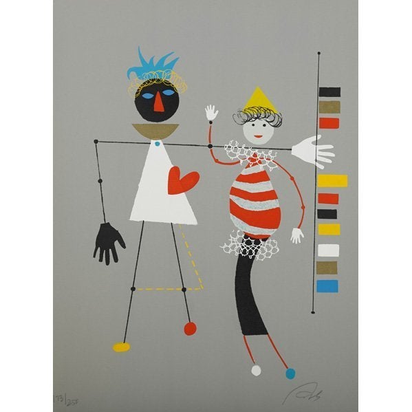 Signed and numbered 245 from an edition of 250 Color Silkscreen Screenprint by German American artist Wolfgang Roth (1910-1988). figures doing their balancing acts and looking as if they stepped out of a Joan Miro painting or Alexander Calder