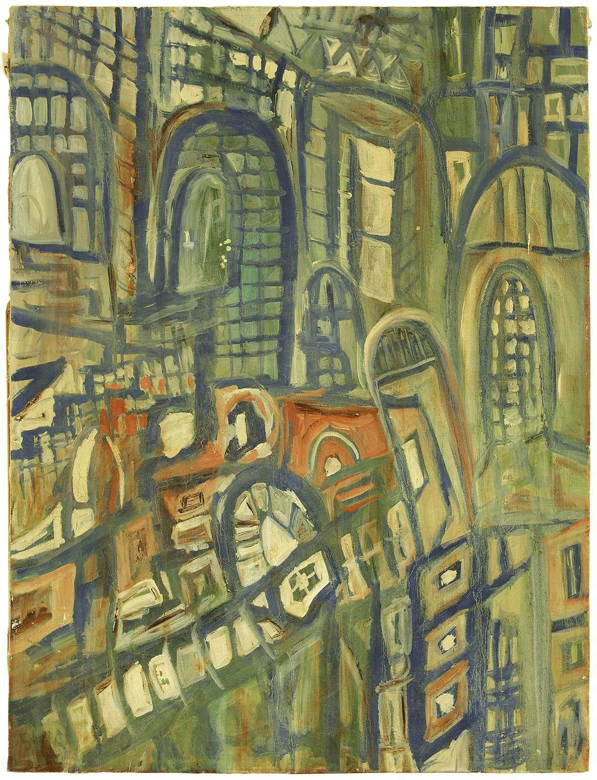 Unknown Figurative Art - Abstract Expressionist Streets of Jerusalem Israeli Painting 1950