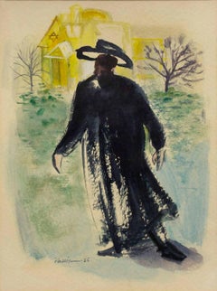 Modernist American Judaica Painting Rabbi Walking to Synagogue 