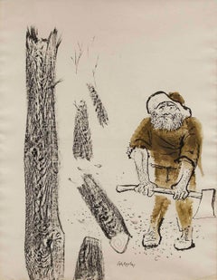 Retro The Woodcutter, Americana Large Watercolor, Ink Painting WPA Artist