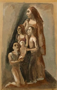 Rare American Modernist Family Group Gouache Painting