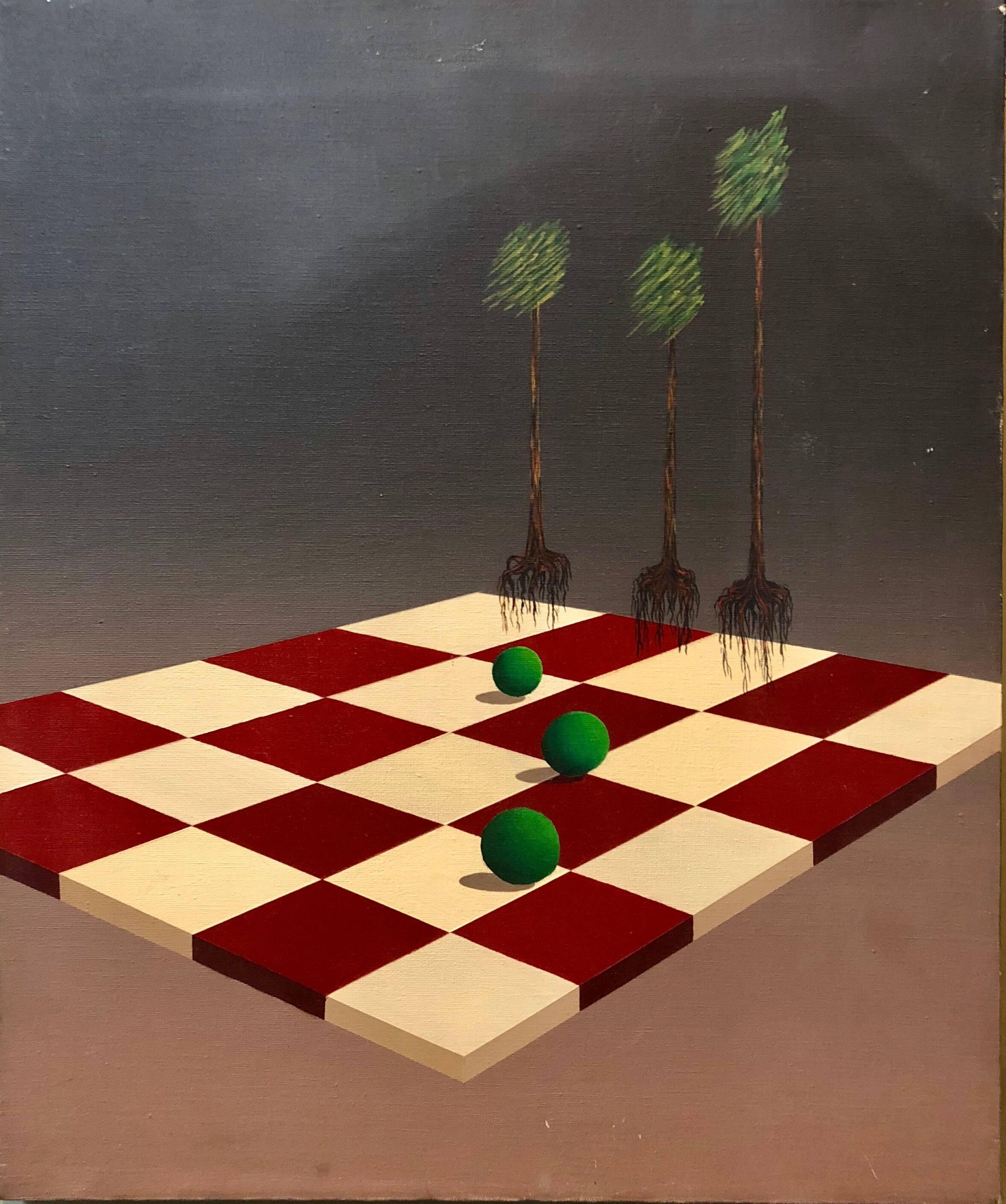Celina Hinojosa Landscape Painting - Latin American Surrealist Landscape with Chess Board Oil Painting Chicano Artist