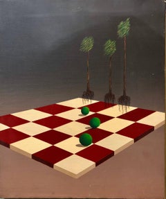 Vintage Latin American Surrealist Landscape with Chess Board Oil Painting Chicano Artist