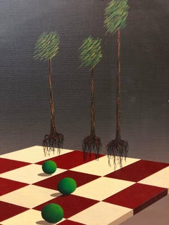 Latin American Surrealist Landscape with Chess Board Oil Painting Chicano Artist