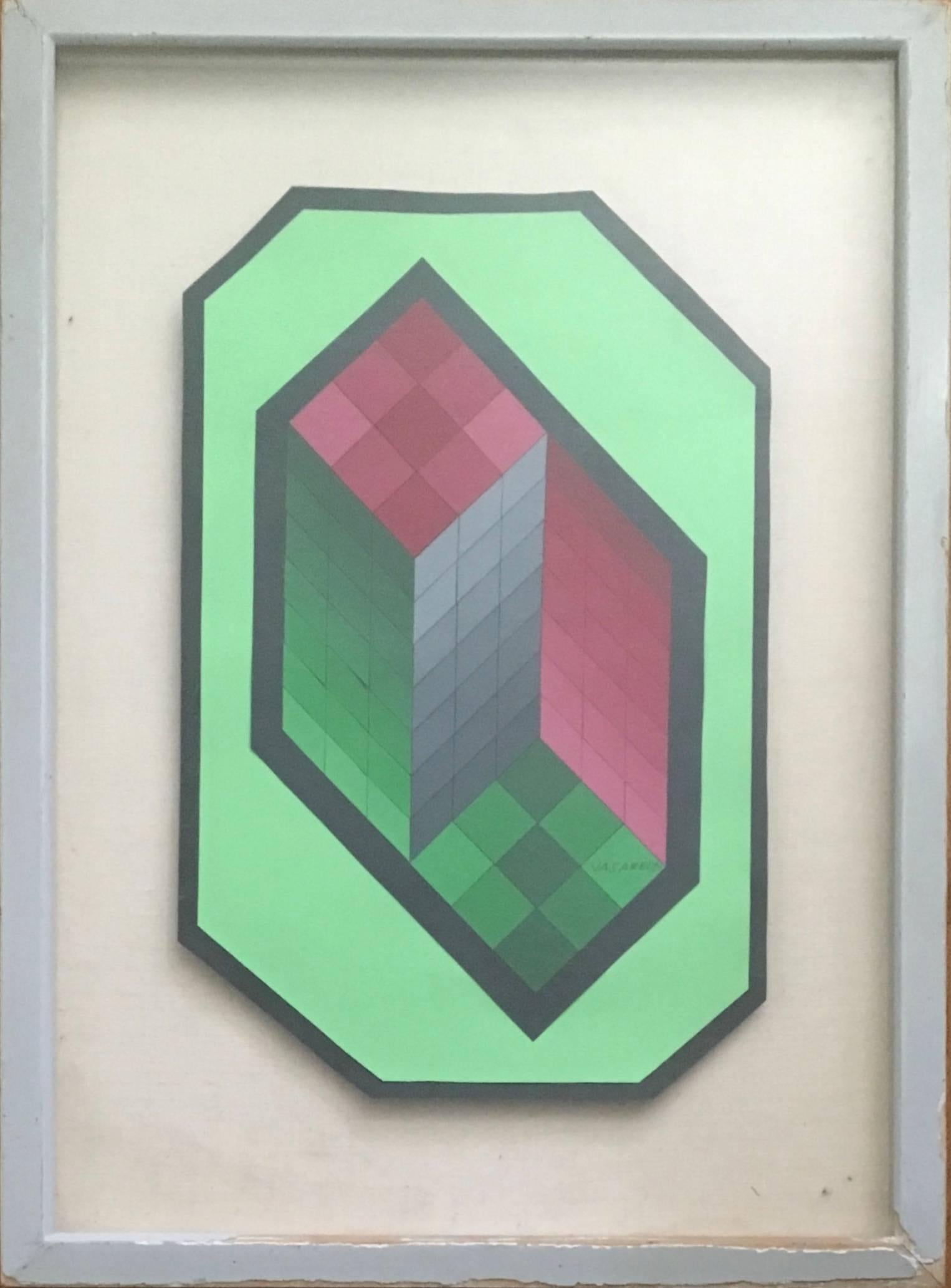 Victor Vasarely Abstract Painting - Vintage Chokk Mini C Original Op Art Vasarely Collage Painting