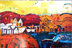 Peinture à l'huile cubiste moderniste et concrète argentine Paisaje de la Rioja