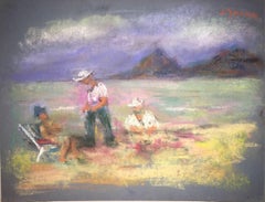 Drawing - Scène de plage au pastel - École d'Paris, WPA, artiste Bezalel