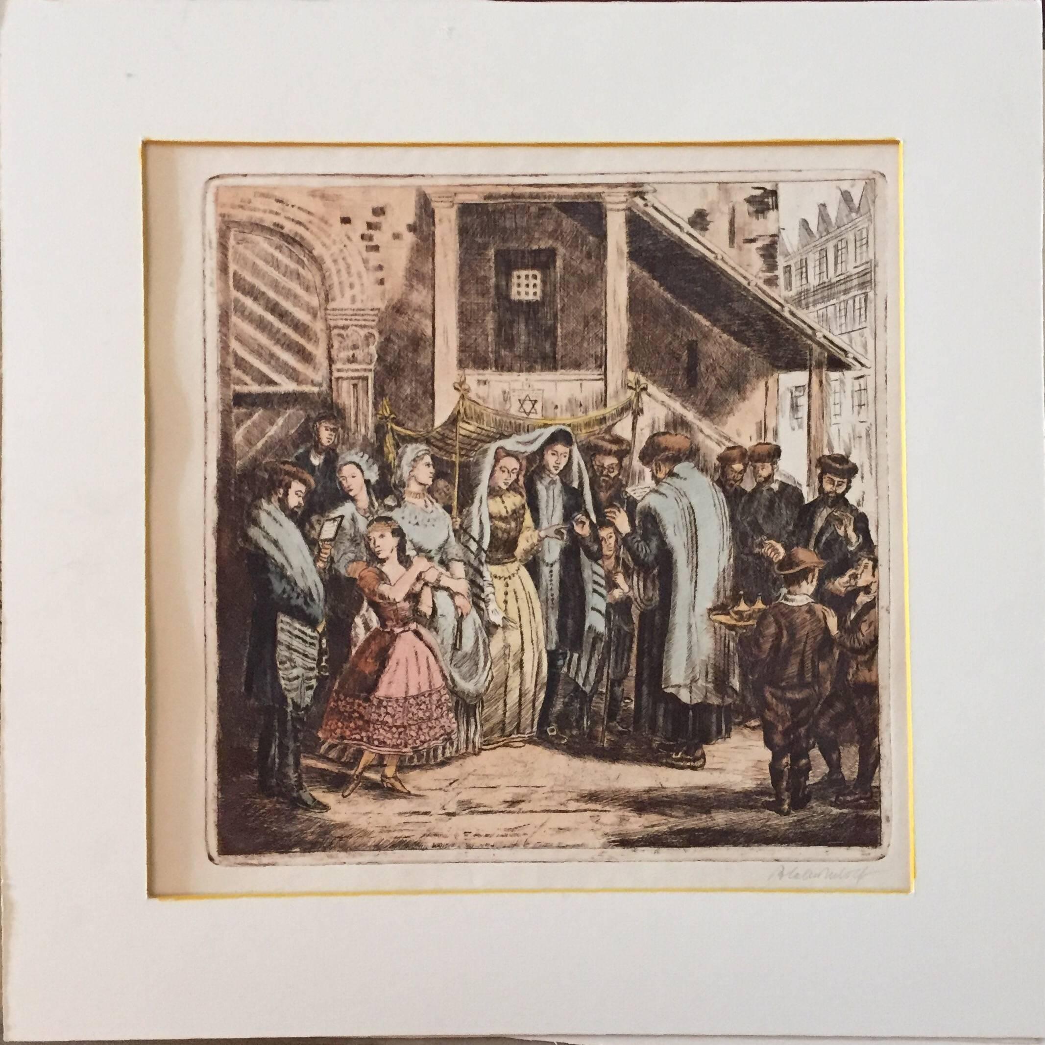 Unknown Figurative Print - Rare Judaica Wedding Scene Hand Colored Etching after Oppenheim