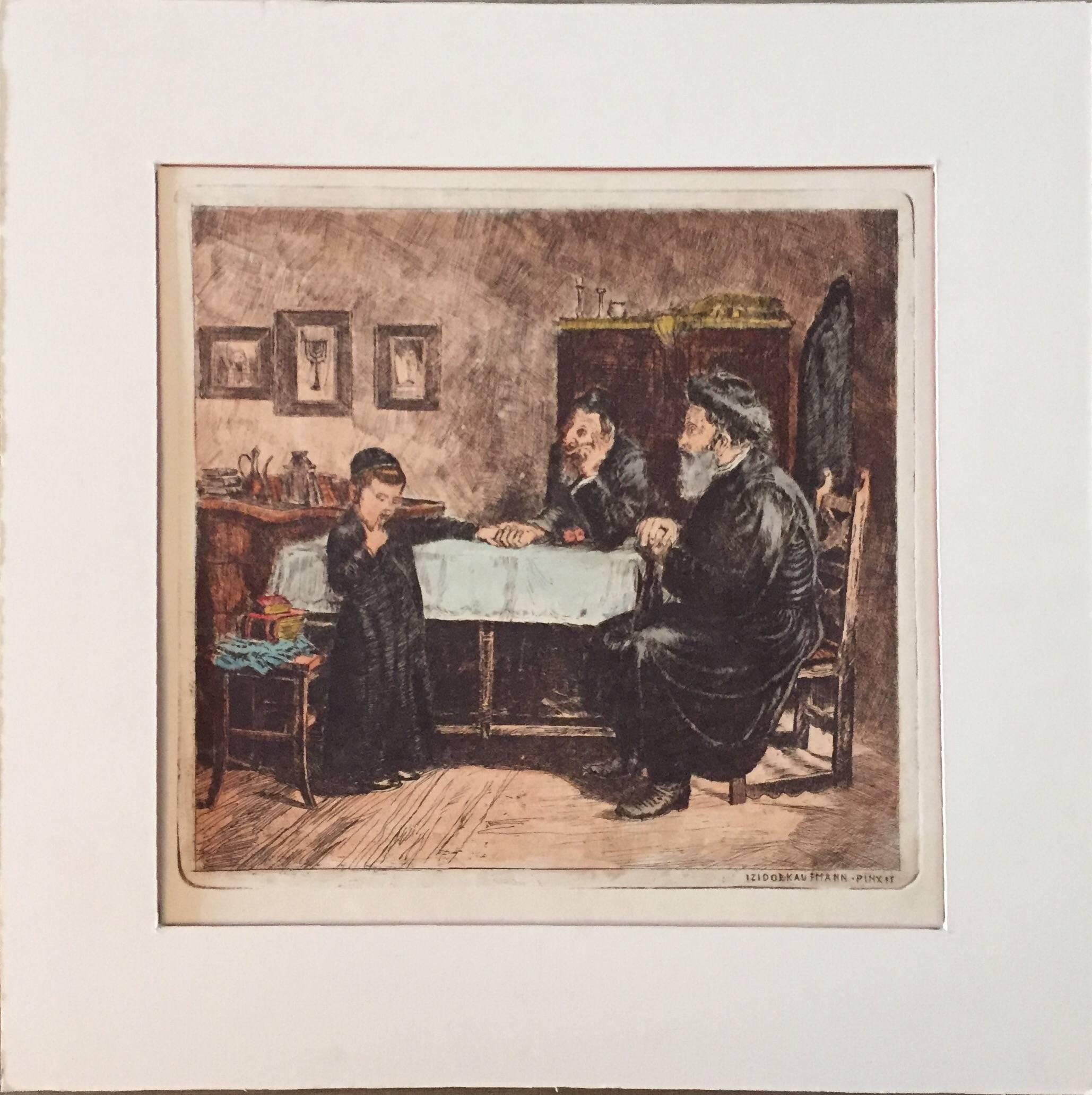Unknown Figurative Print - Rare Judaica Cheder Test Hand Colored Etching after Kaufmann