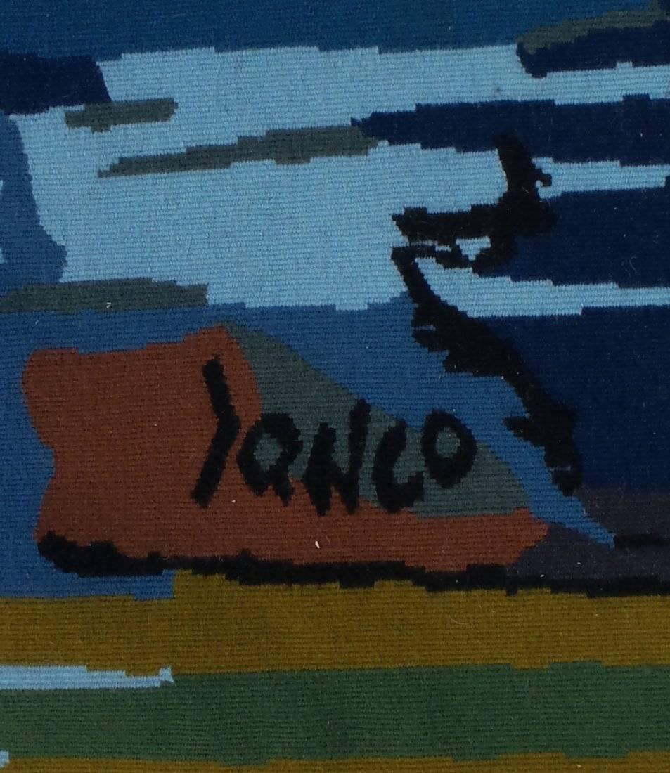 This is an Aubusson style flat weave hand woven wool tapestry.  it is edition 1/8 (I doubt they were all made) Executed at Itche mambush studios Ein Hod Artists Village. He worked with Mordecai Ardon, Robert Helman, Sami Briss, Abraham Rattner and