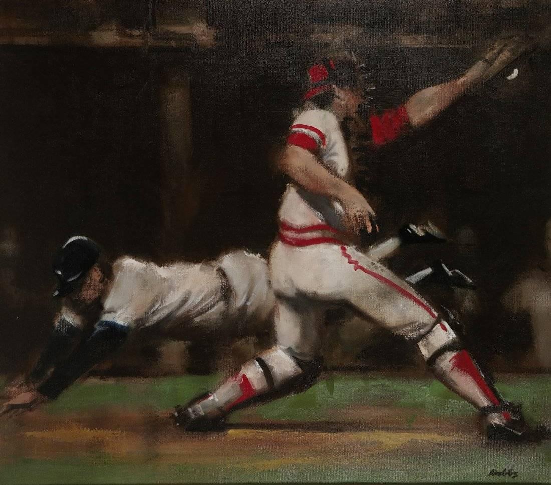 Play at The Plate, Sporting Scene - Painting by John Dobbs