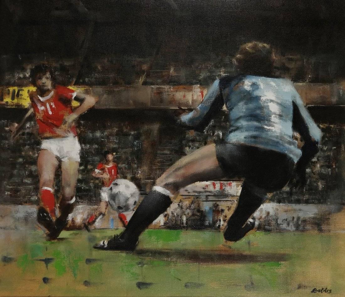 Shot on Goal, Sporting Scene - Painting by John Dobbs