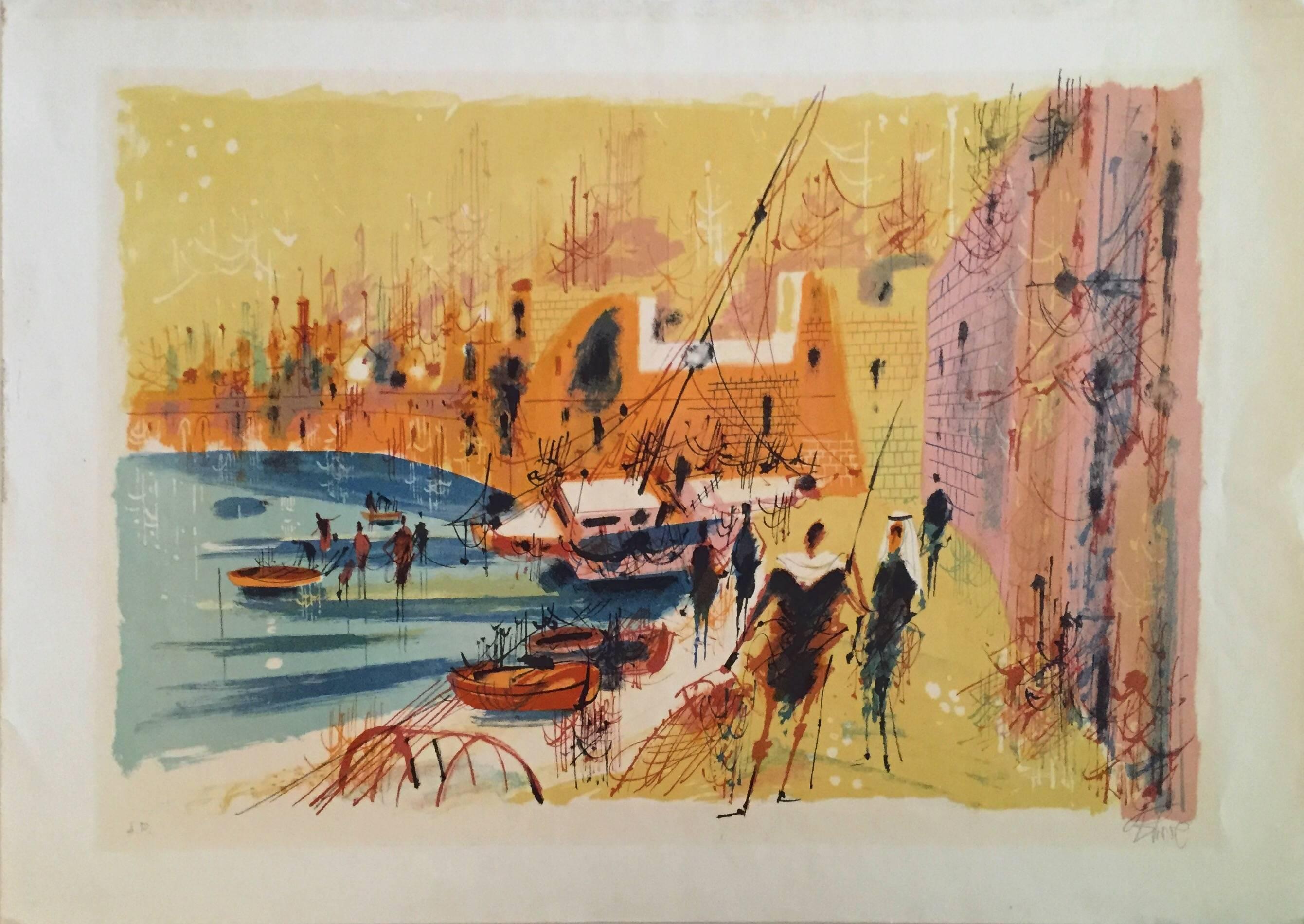Old Port of Jaffa - Beige Landscape Print by Shmuel Katz