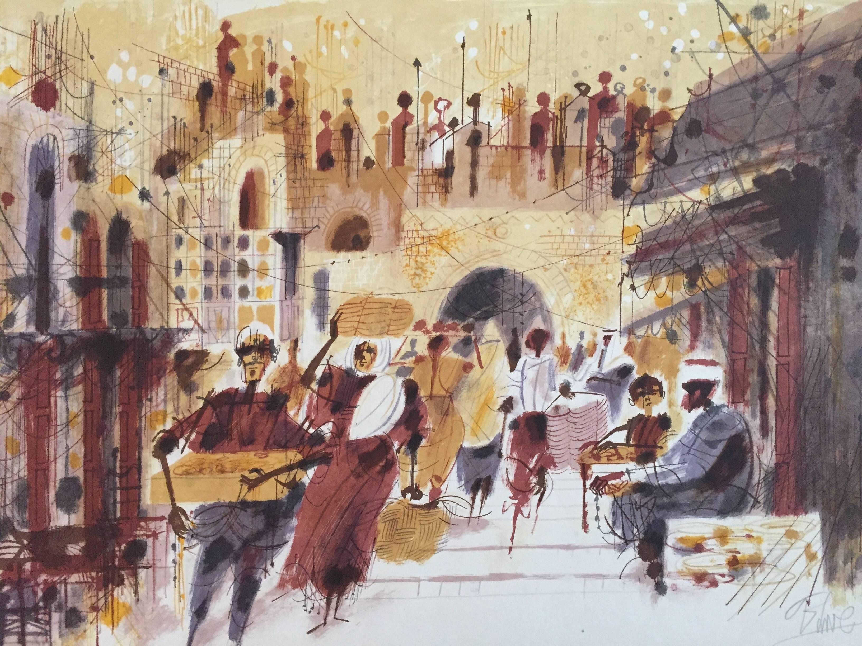 Shmuel Katz Landscape Print - Jerusalem Street Scene