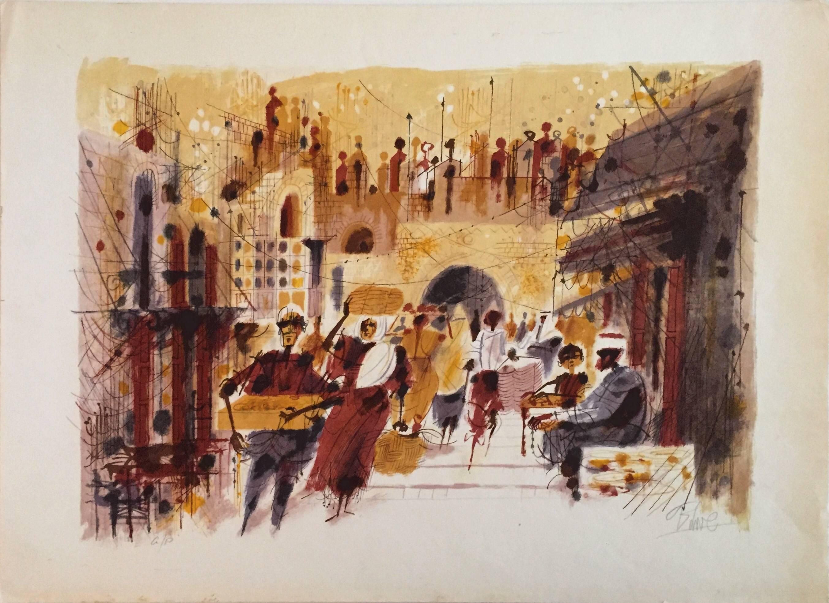Jerusalem Street Scene - Print by Shmuel Katz