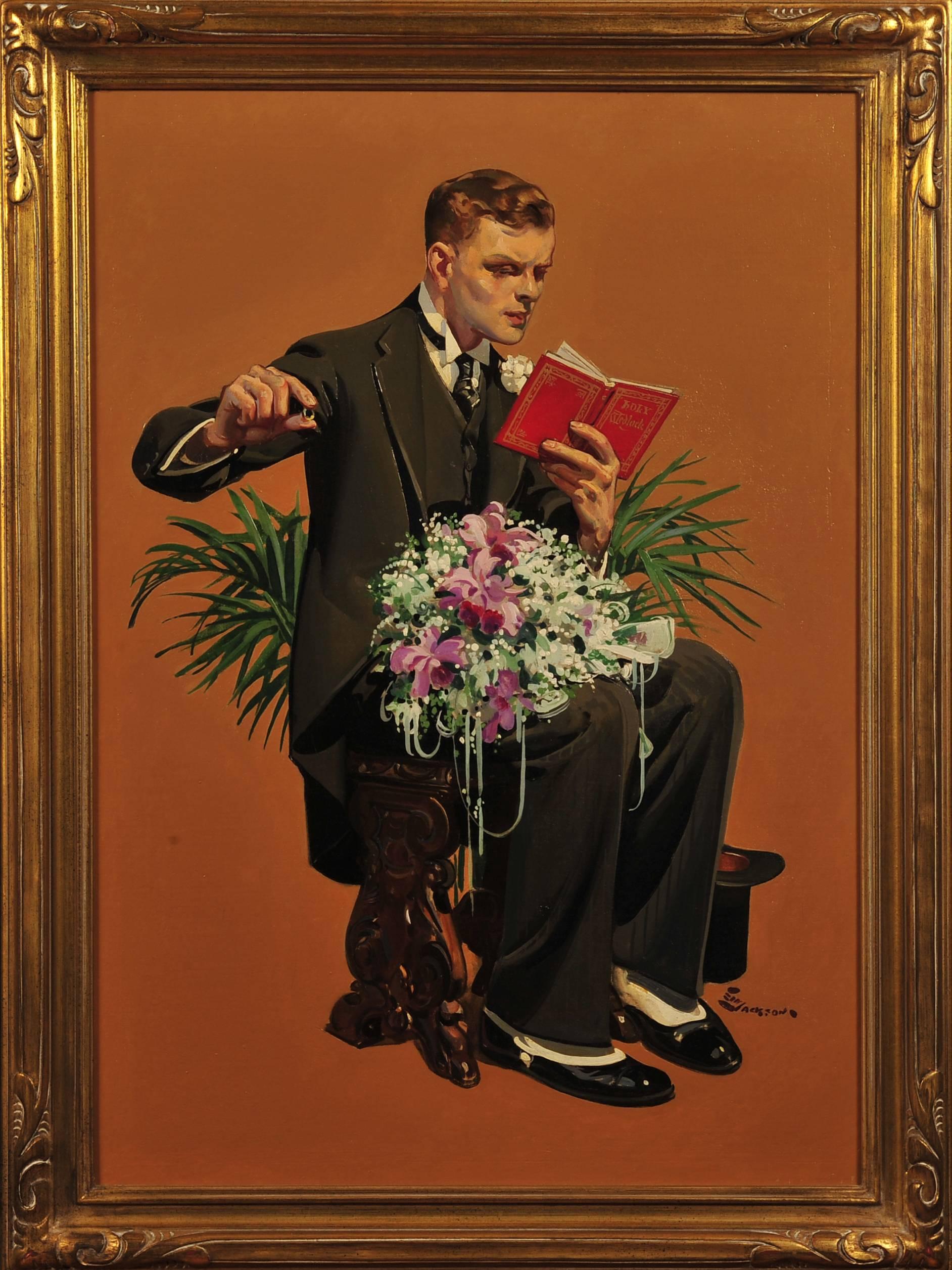 Young Man Holding Flowers - Painting by E.M. Jackson