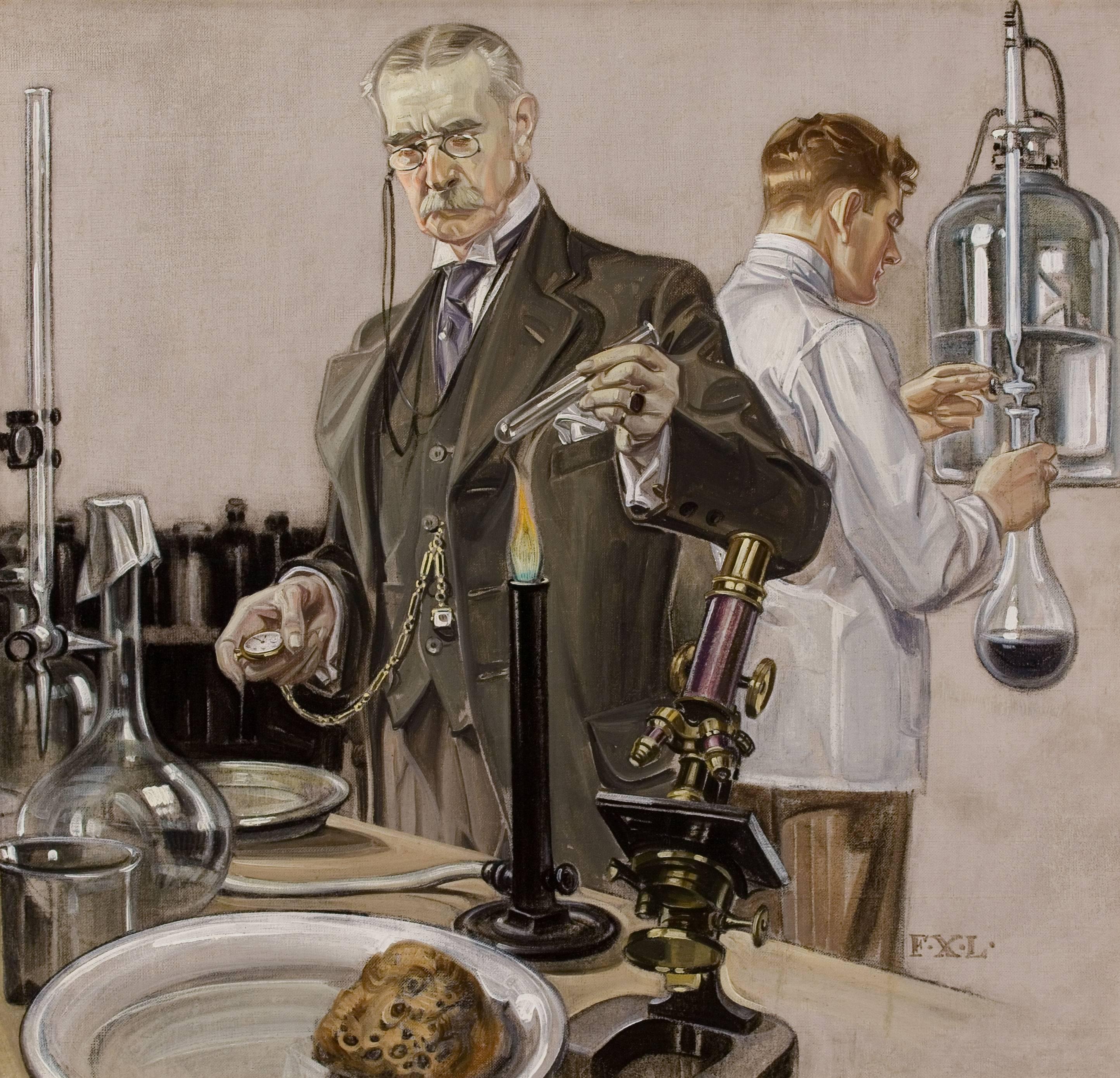 Timing an Experiment, Howard Watch Advertisement Illustration - Painting by Frank Xavier Leyendecker