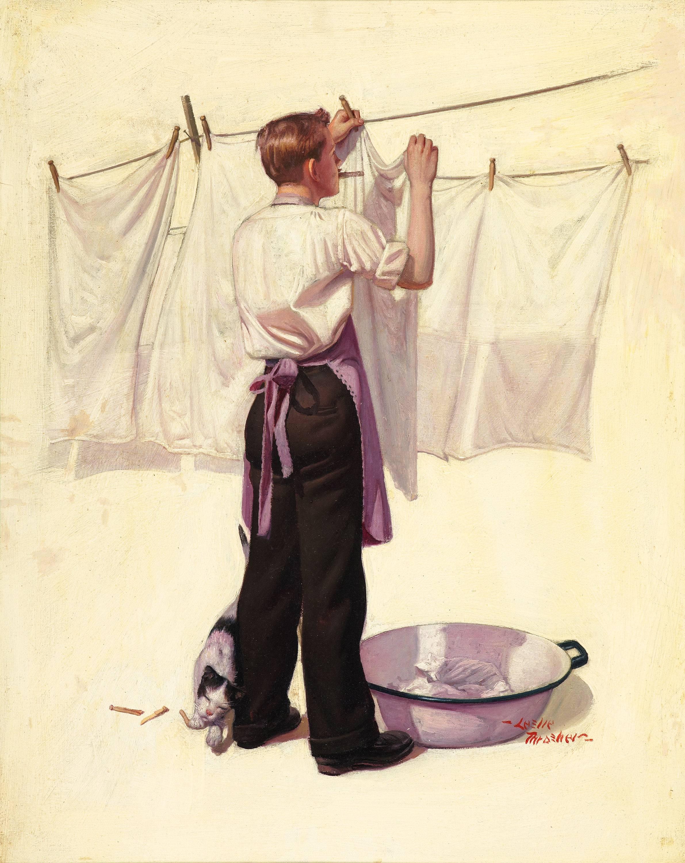Hanging the Laundry, Liberty Magazine Cover - Painting by Leslie Thrasher