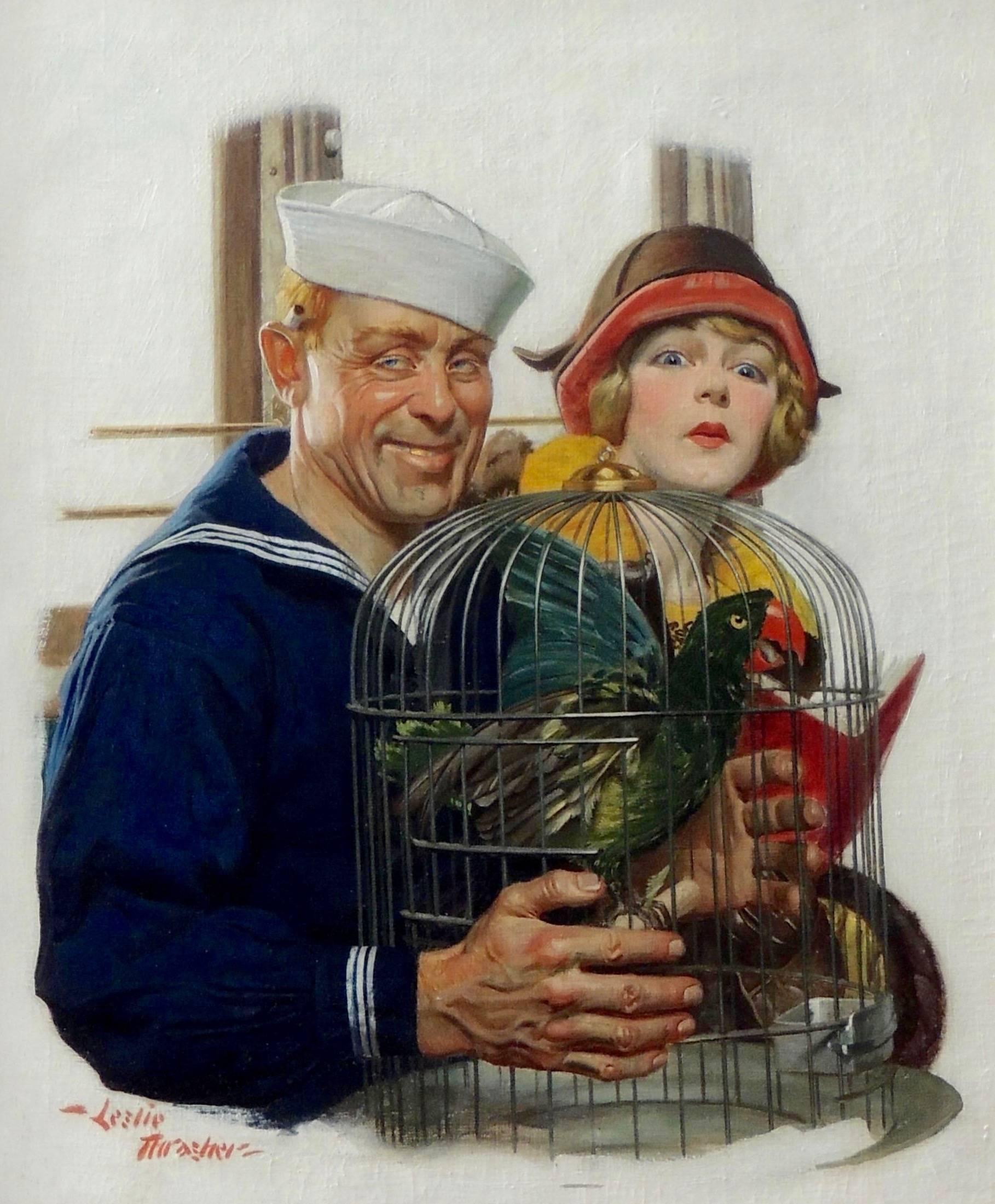 Leslie Thrasher Animal Painting - Sailor with Bird Cage