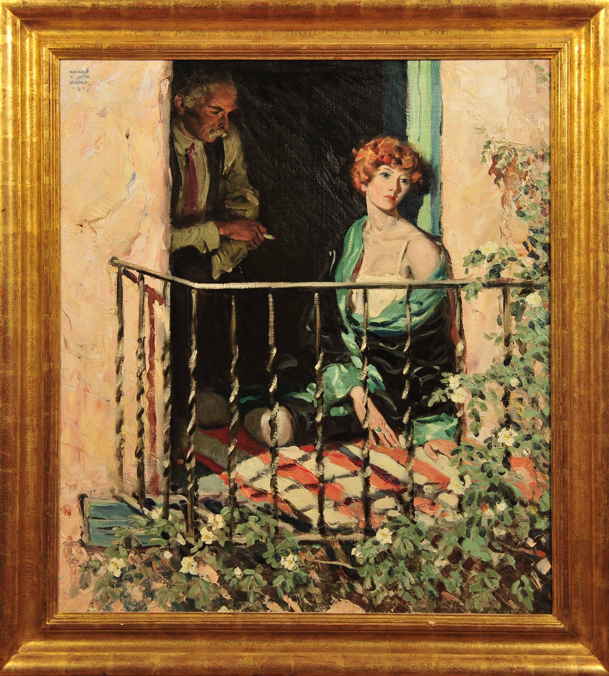 Donna seduta sul balcone - Painting Romantico di Harold von Schmidt