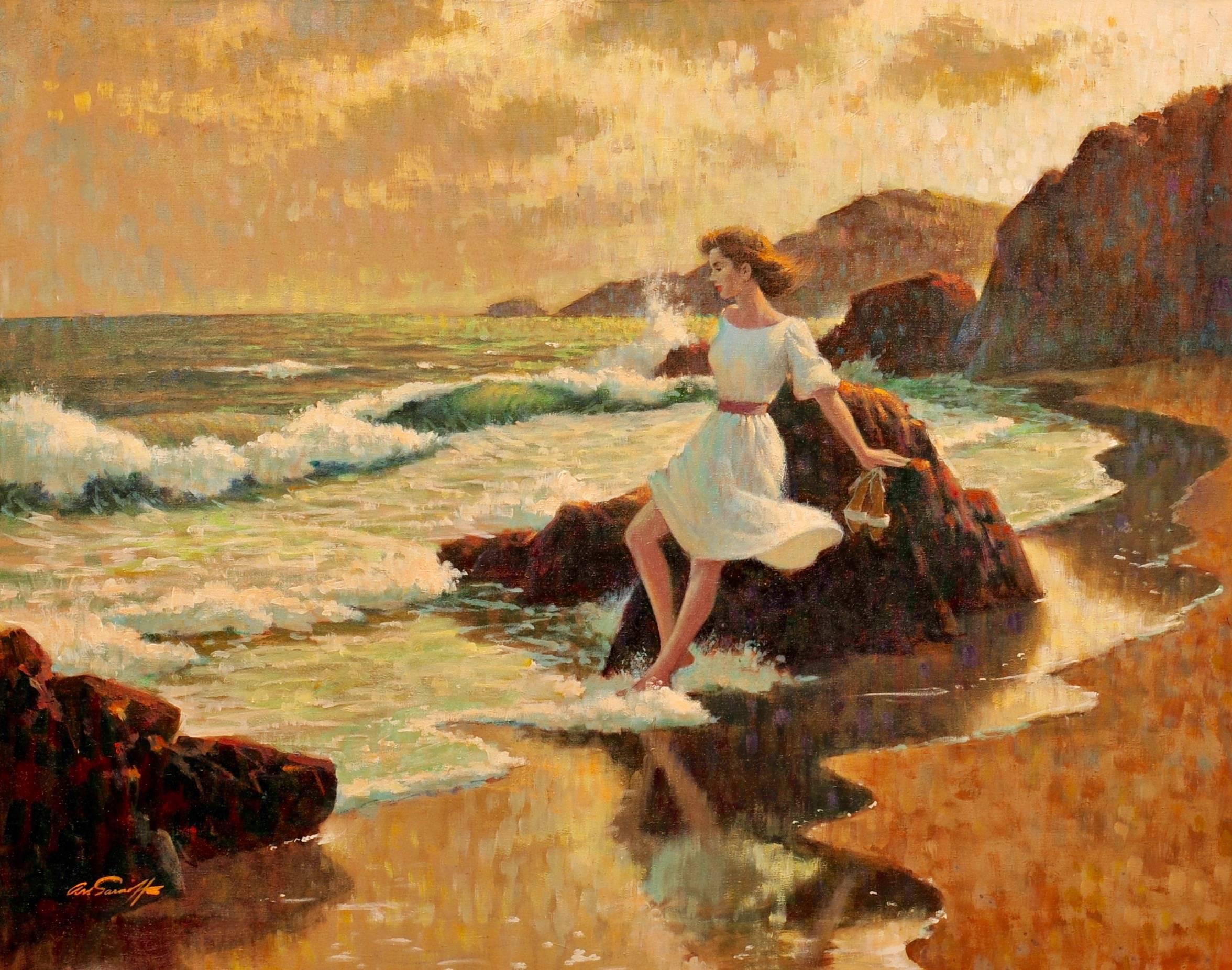 Mädchen am Strand – Painting von Arthur Sarnoff