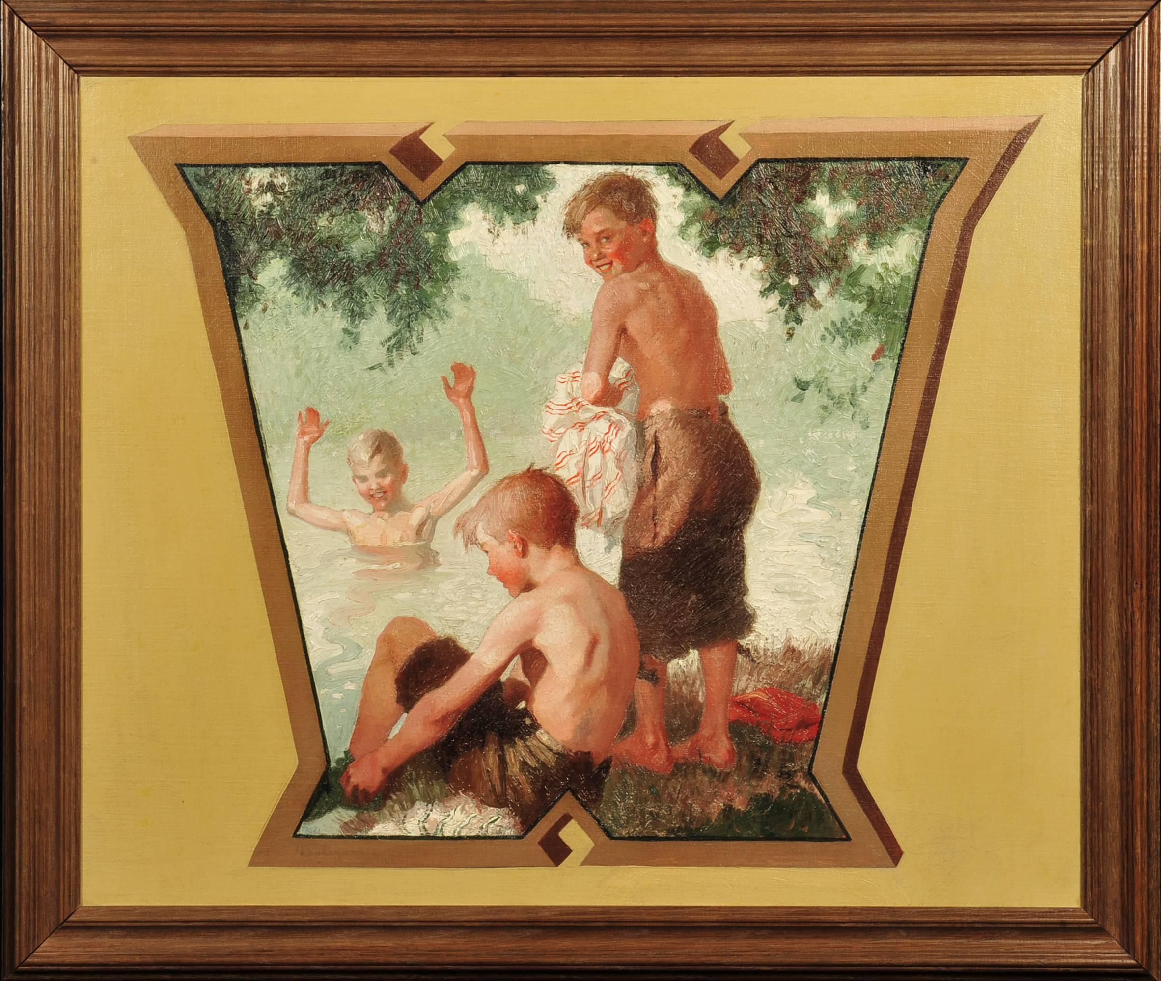 Tre ragazzi alla piscina - Painting Altro stile artistico di Joseph Bolegard