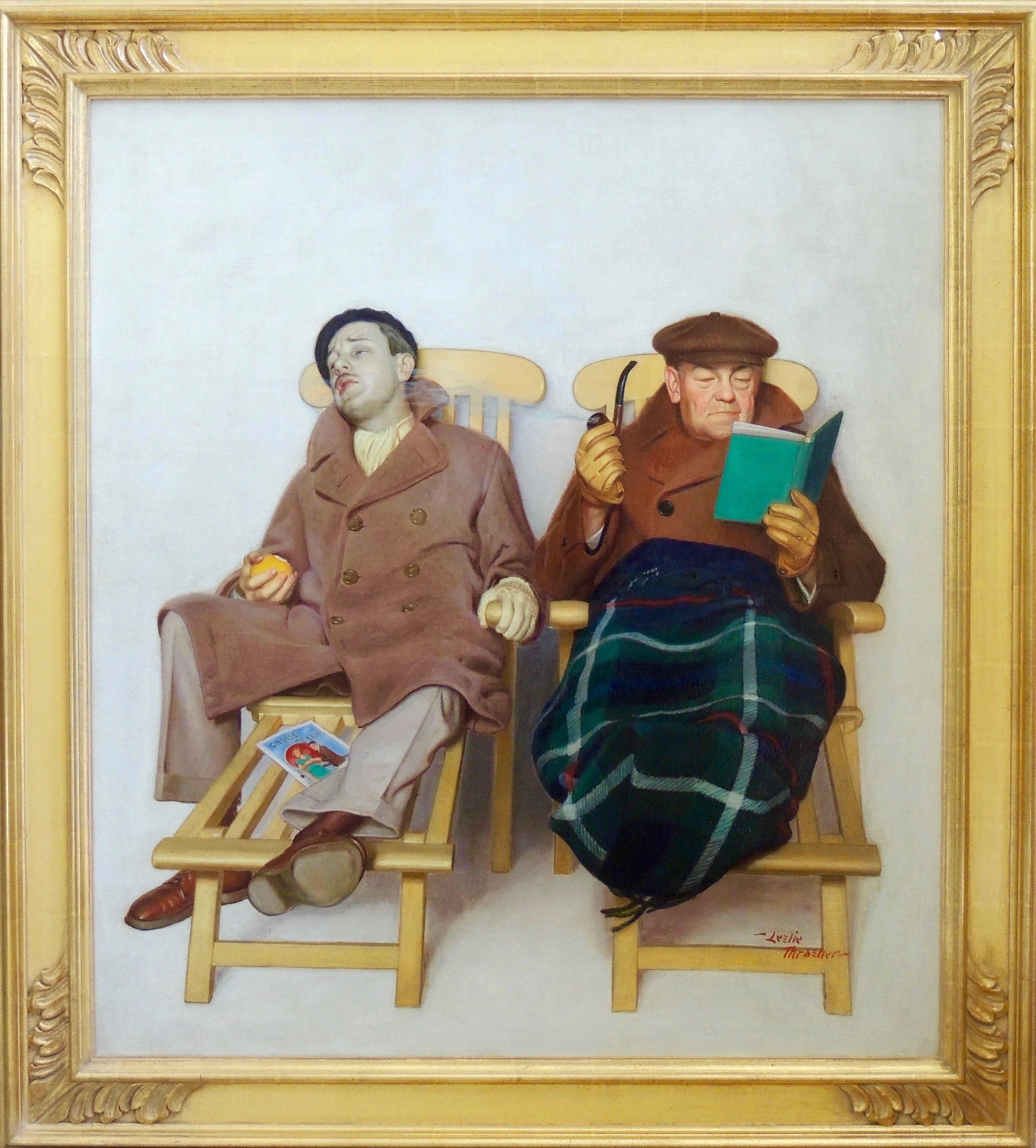Zwei Männer in Deck-Stühlen, Saturday Evening Post-Deckel (Sonstige Kunststile), Painting, von Leslie Thrasher