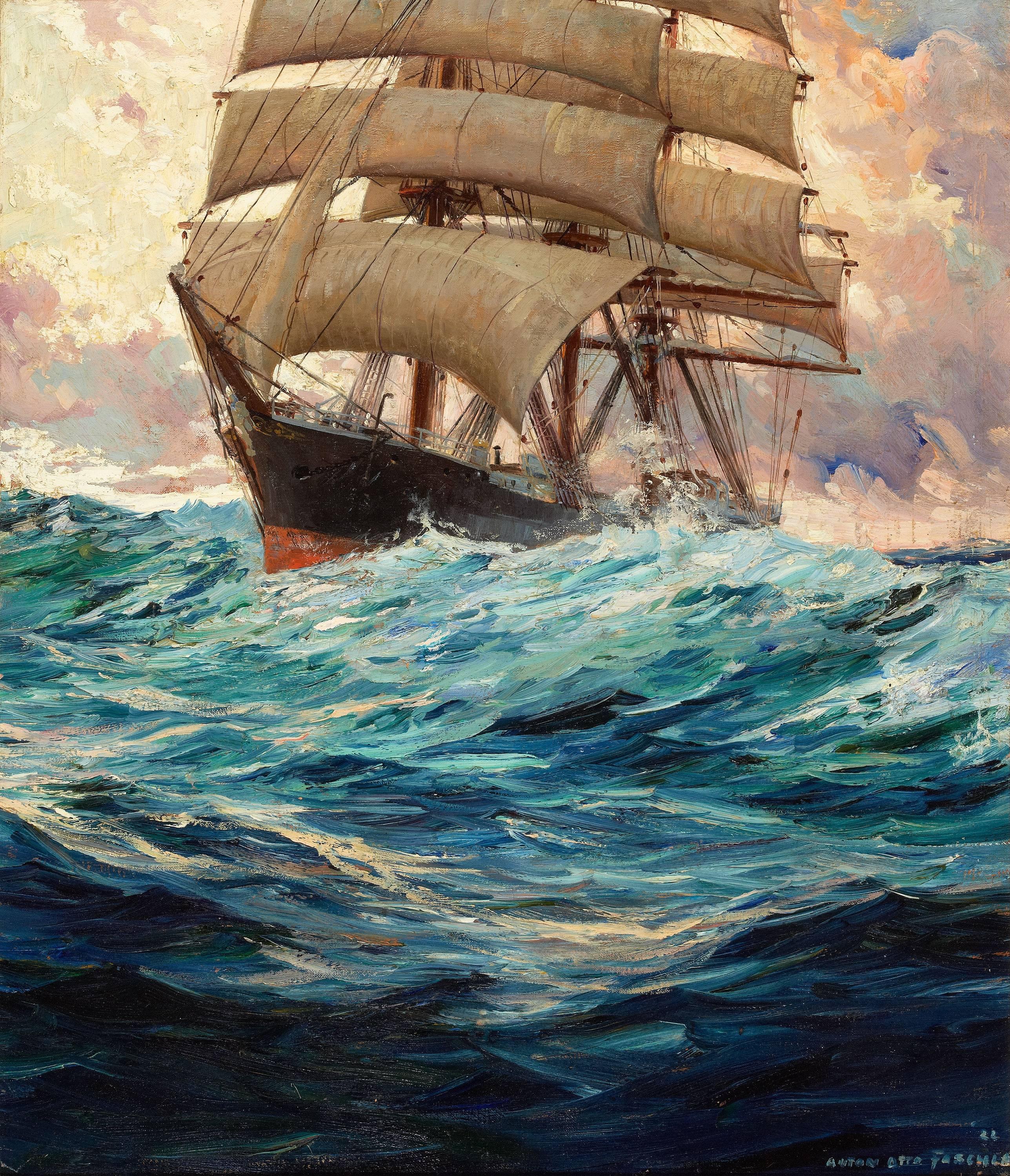 Bateau Clipper en mer - Painting de Anton Otto Fischer