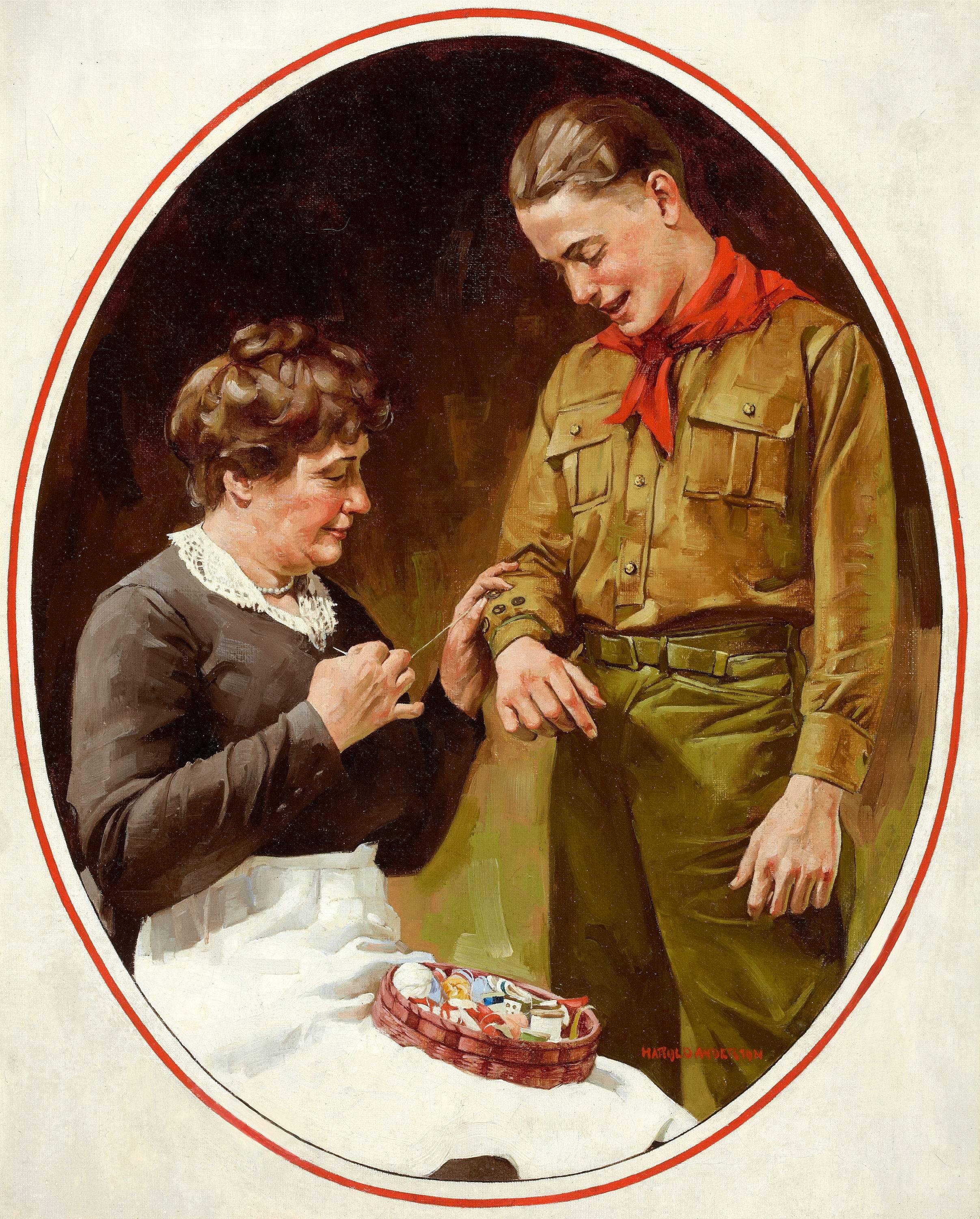 Mending the Shirt, Boys Life Magazine Cover - Painting by Harold Anderson